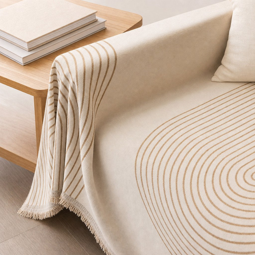 Armrest drape and brush fringe detail of the arch lines couch cover
