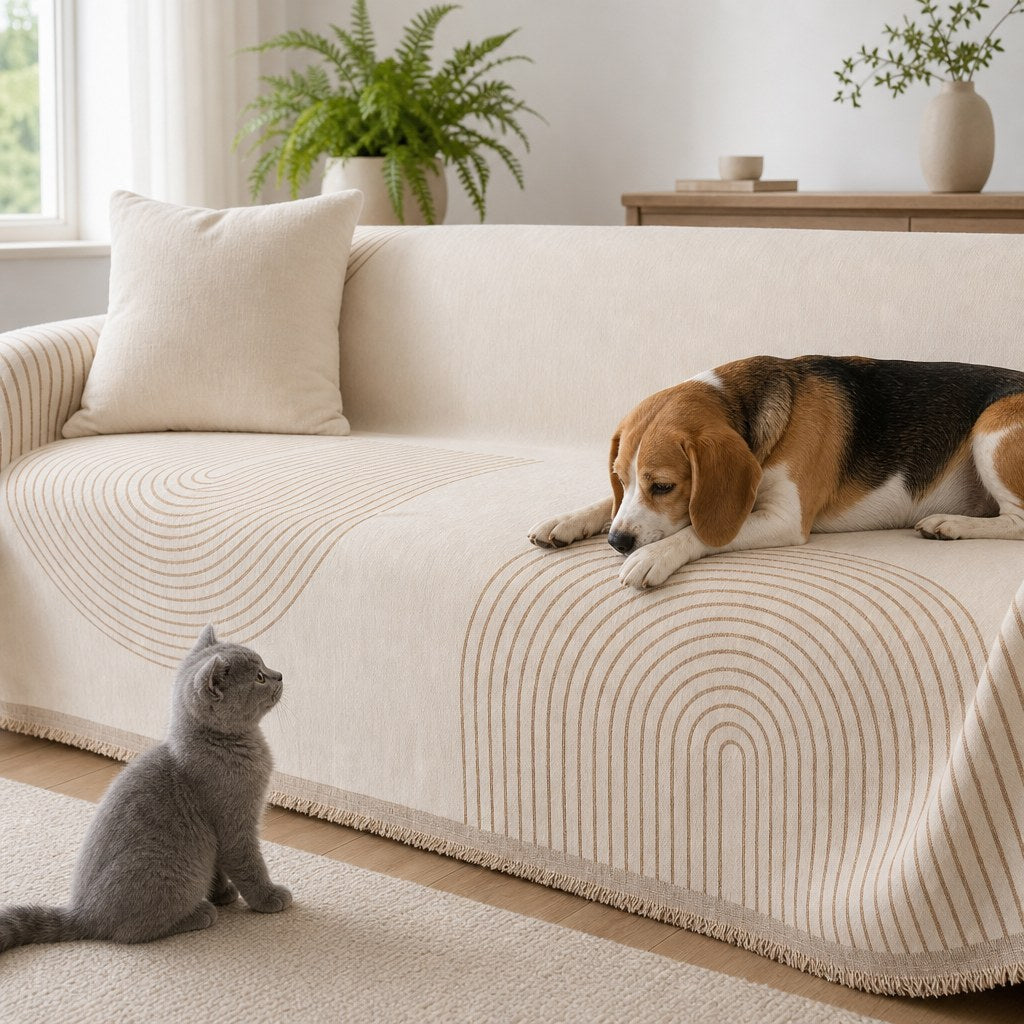 Dog resting on the cream arch lines couch cover