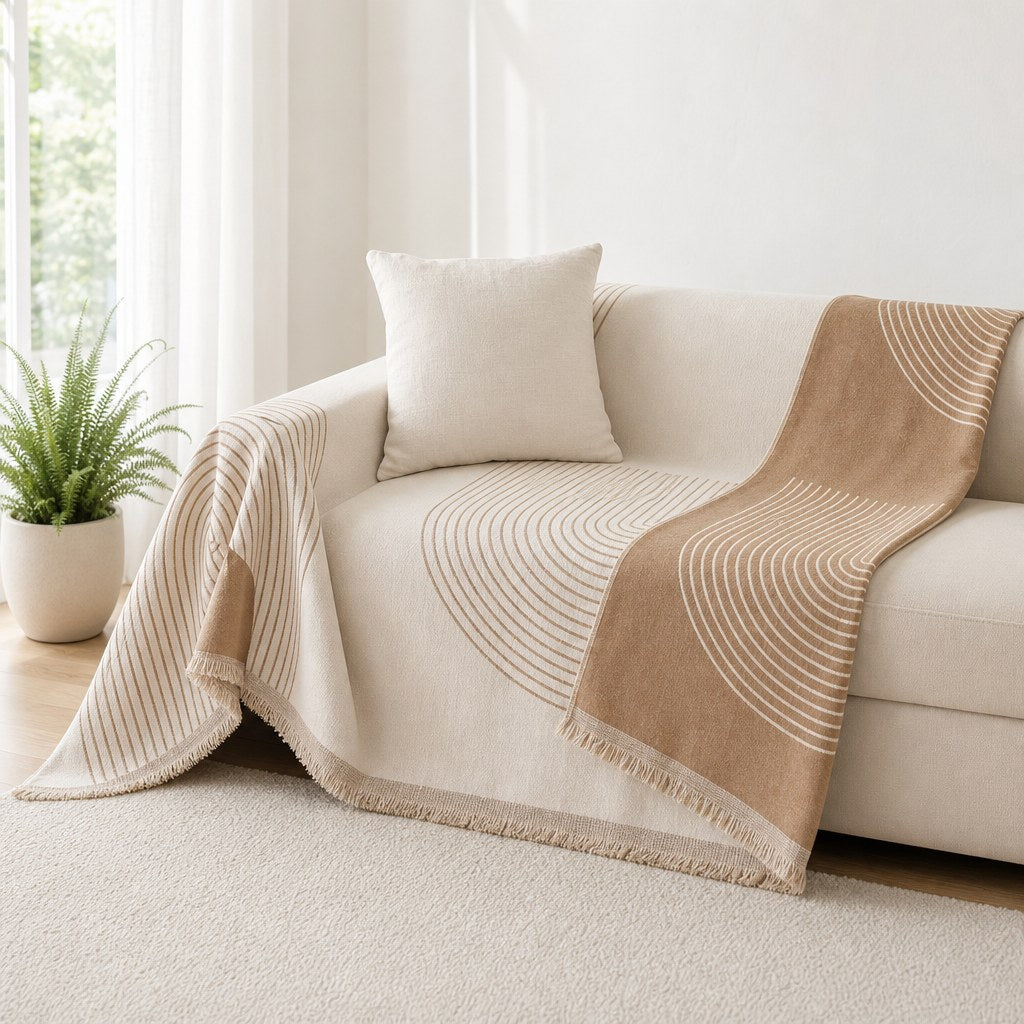 Tan reverse face of the arch lines cover draped over the couch arm