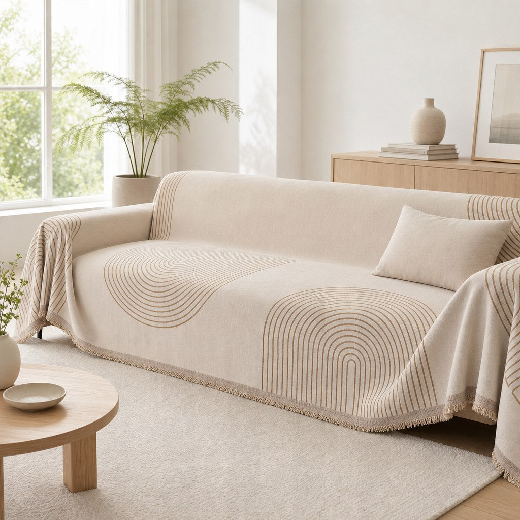 Cream arch lines couch cover draped over a full three-seat couch