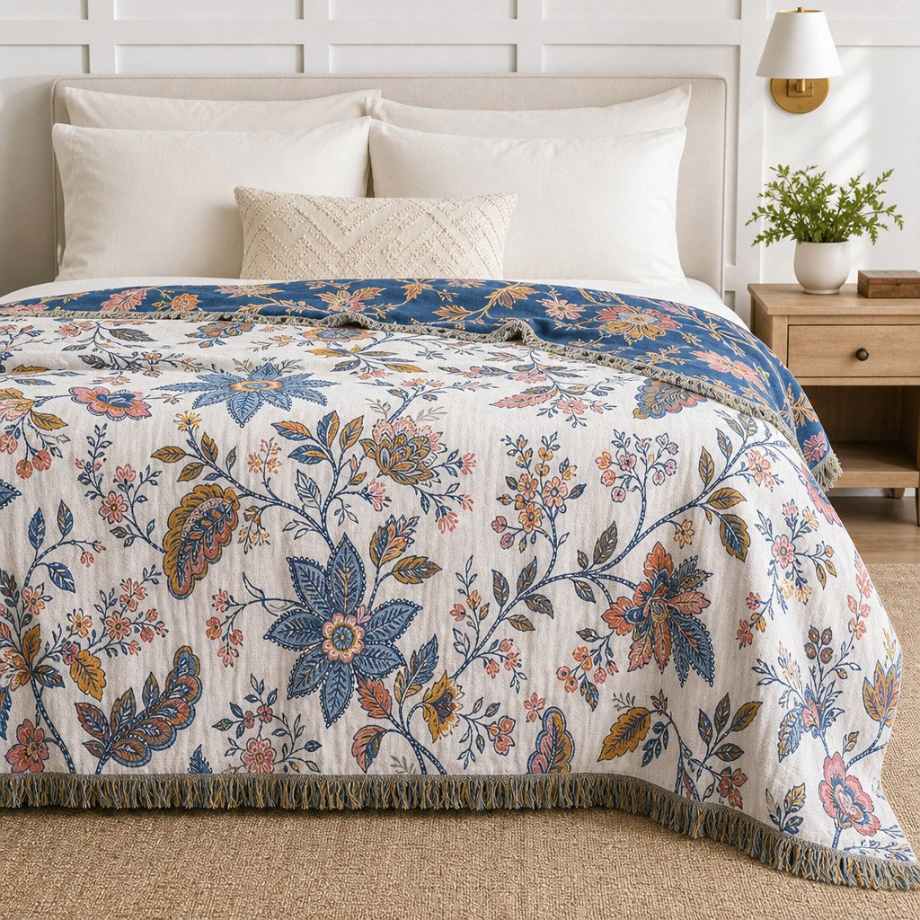 Rustic Jacquard Floral Throw Blanket - Reversible 100% Cotton