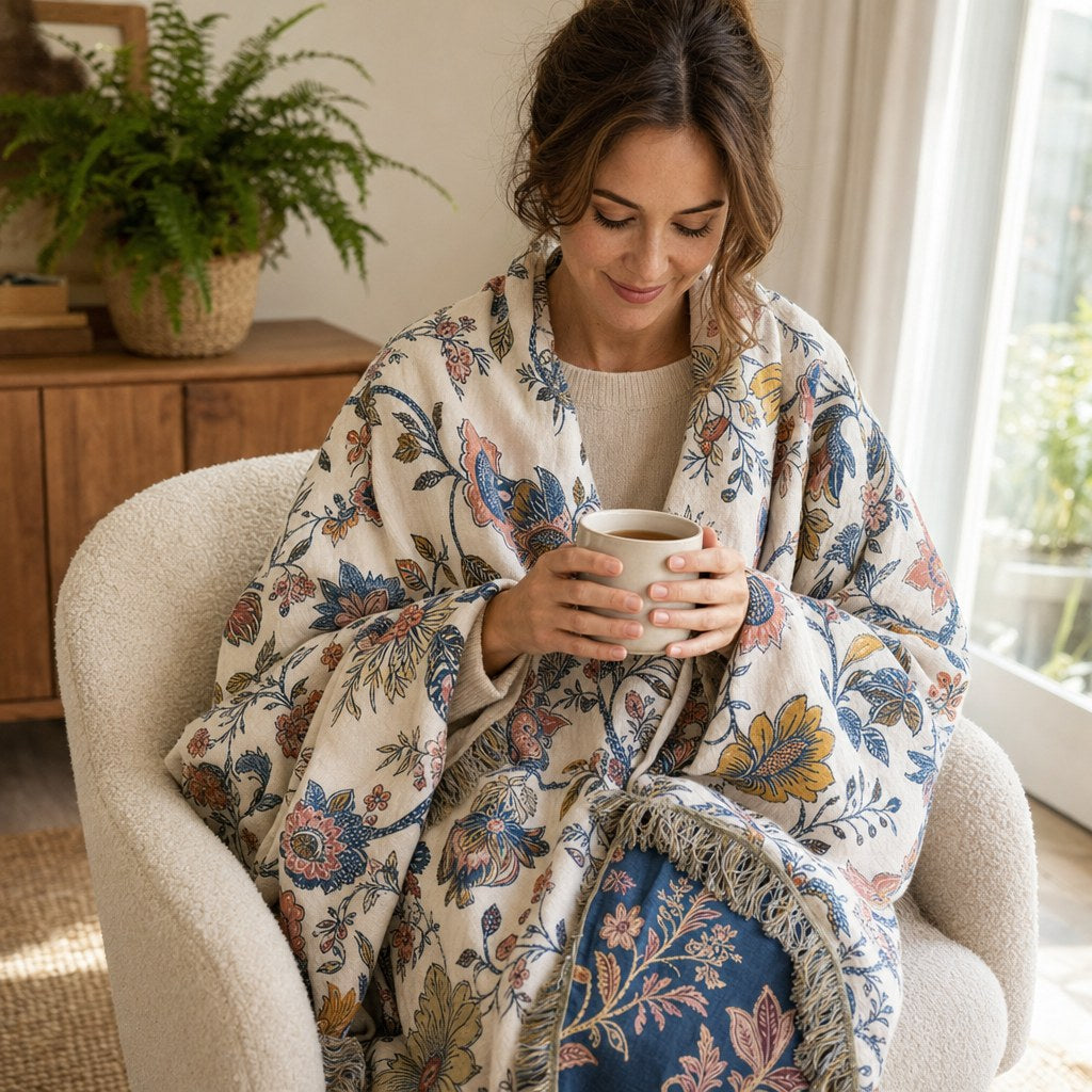 Rustic Jacquard Floral Throw Blanket - Reversible 100% Cotton