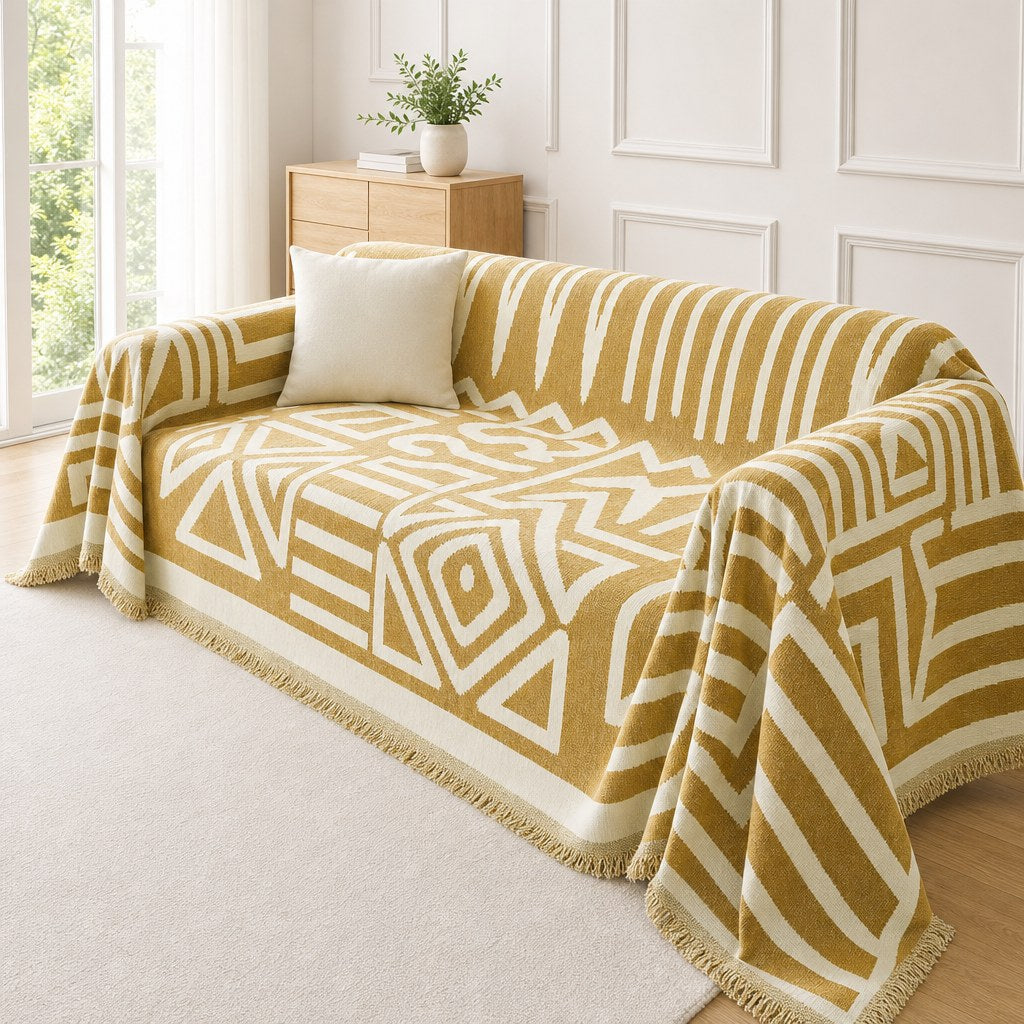 Pet-Friendly Boho Couch Cover - Golden Mustard
