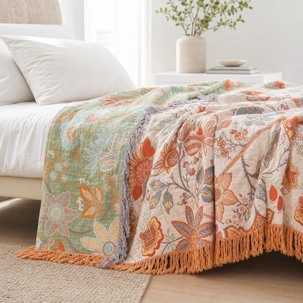 Boho floral throw draped showing both the cream and sage green faces