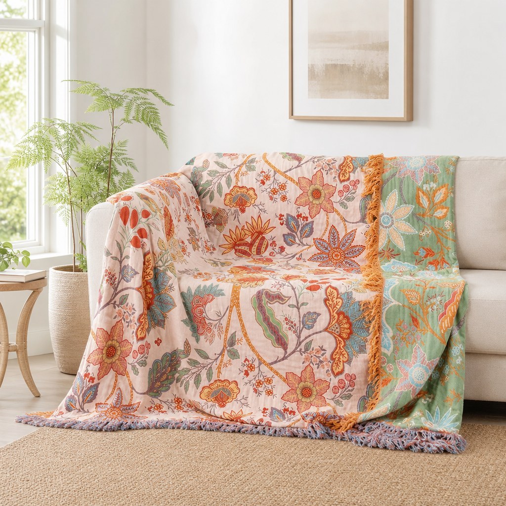 Boho Floral Throw Blanket · Reversible 100% Cotton - Vintage Floral