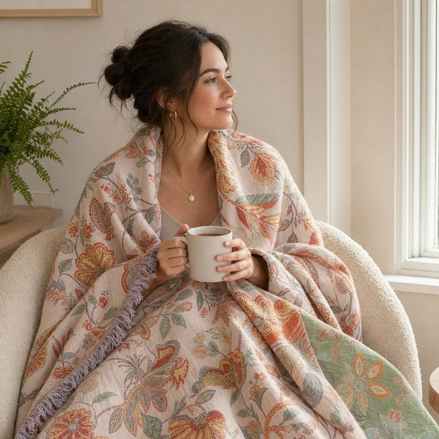Woman wrapped in the boho floral blanket with a cup of tea