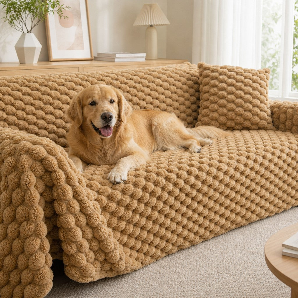 Pet-Friendly Plush Couch Cover · Honeycomb Beige