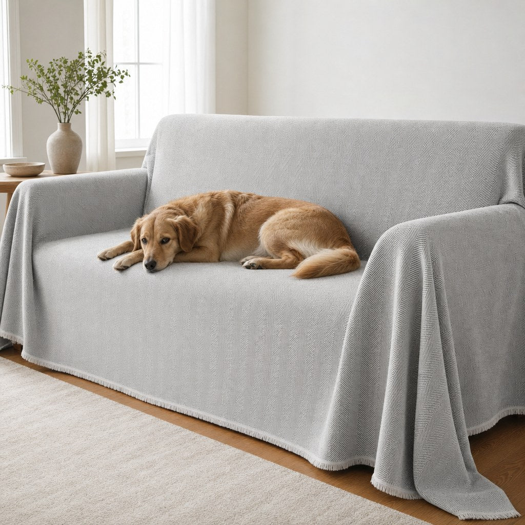 Pet-Friendly Herringbone Couch Cover · Gray Cloud - pet dog