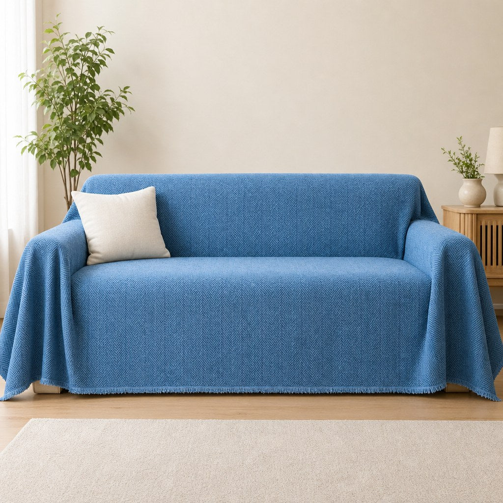 Pet-Friendly Herringbone Couch Cover · Ocean Indigo - front