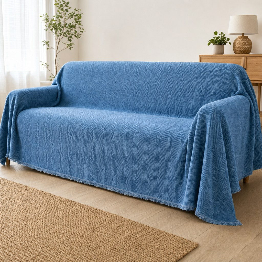 Pet-Friendly Herringbone Couch Cover · Ocean Indigo - wide drape