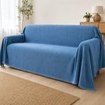 Pet-Friendly Herringbone Couch Cover · Ocean Indigo - wide drape