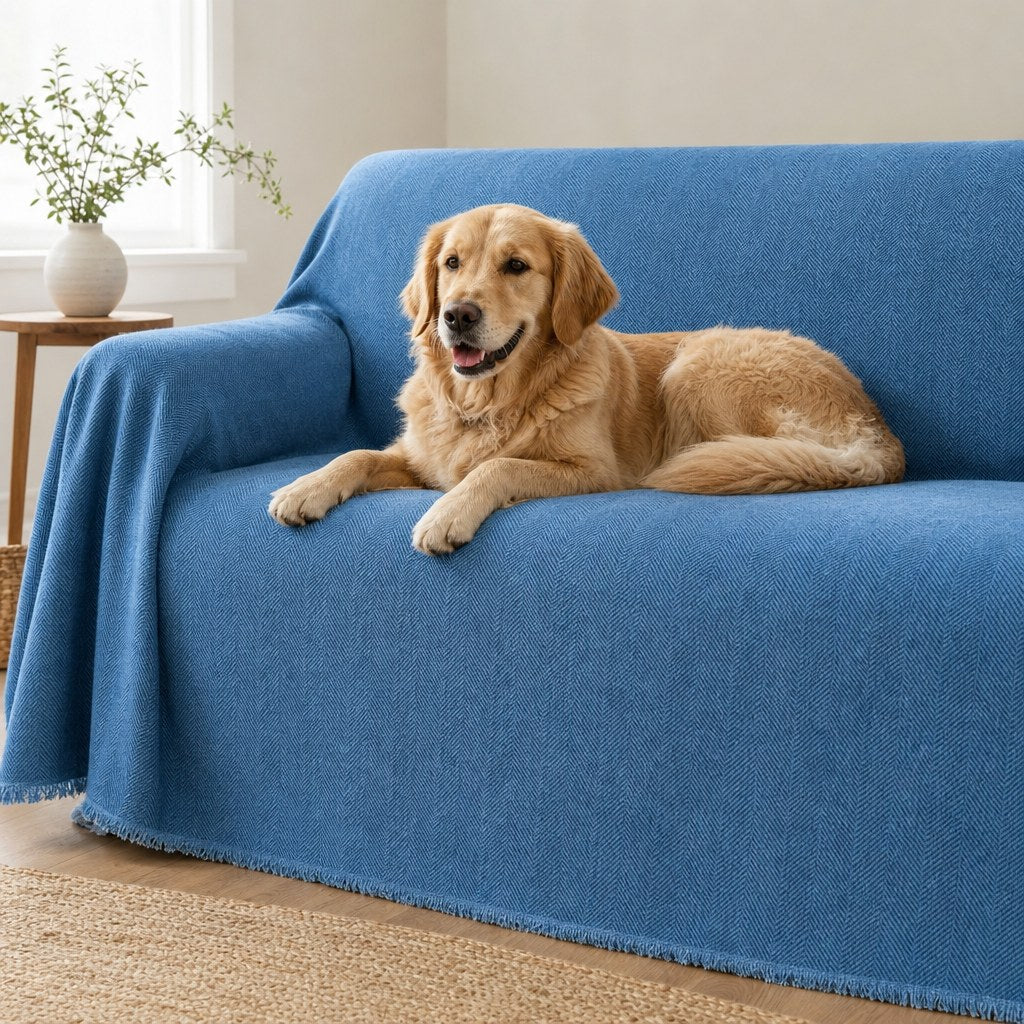 Pet-Friendly Herringbone Couch Cover · Ocean Indigo - pet dog