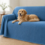 Pet-Friendly Herringbone Couch Cover · Ocean Indigo - pet dog