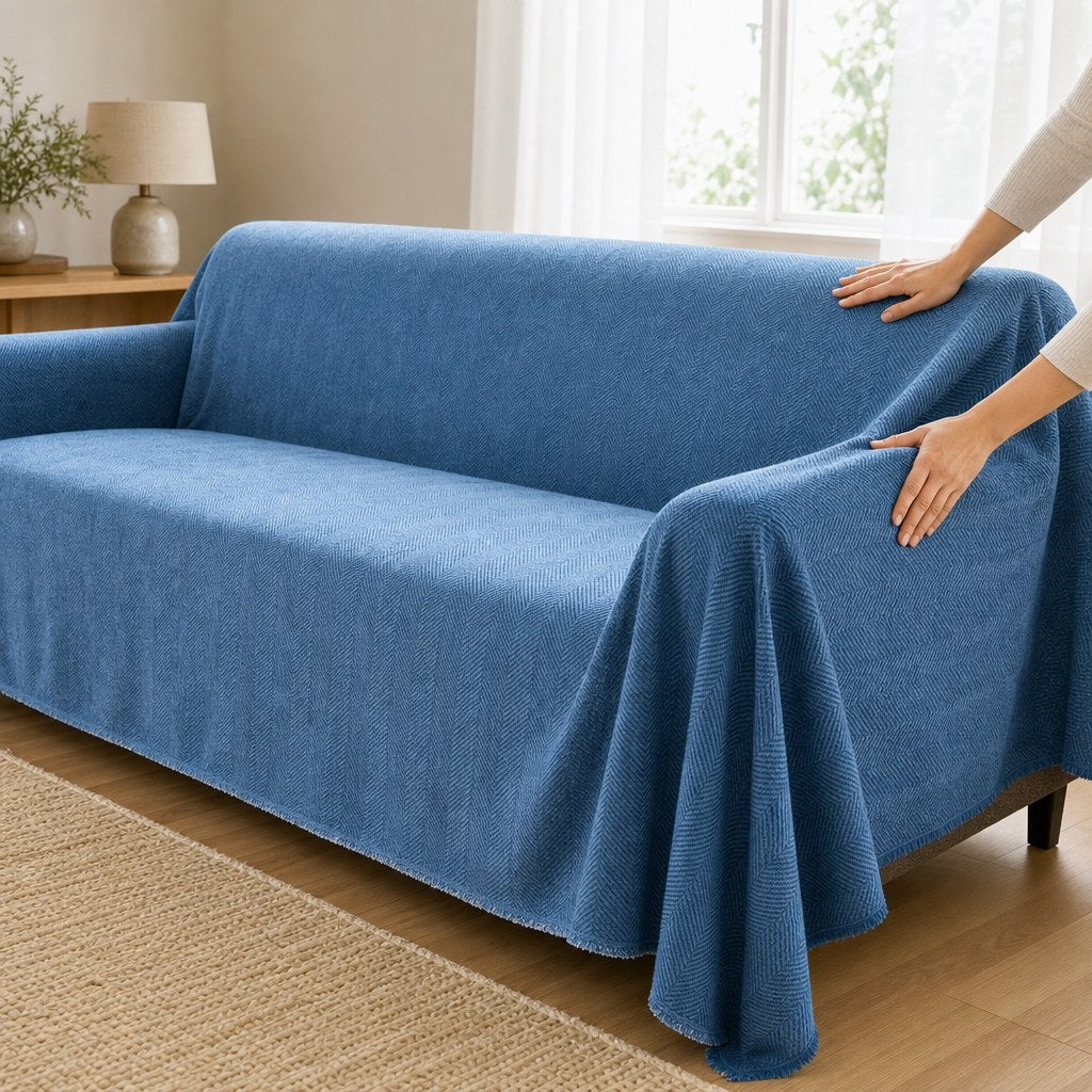 Pet-Friendly Herringbone Couch Cover · Ocean Indigo - hands install