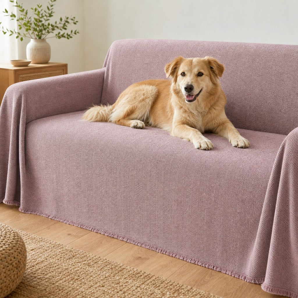 Pet-Friendly Herringbone Couch Cover · Mist Lilac - pet dog