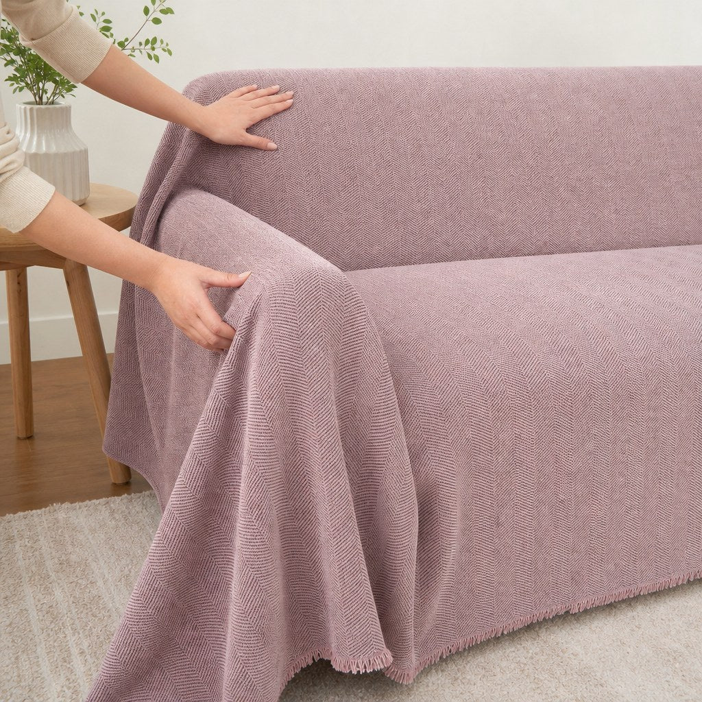 Pet-Friendly Herringbone Couch Cover · Mist Lilac - hands install