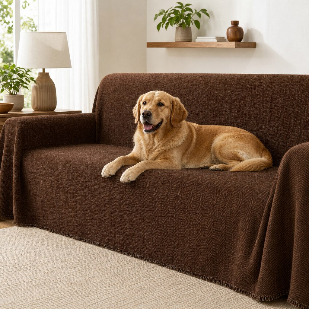 Pet-Friendly Herringbone Couch Cover · Chestnut Mocha - pet dog