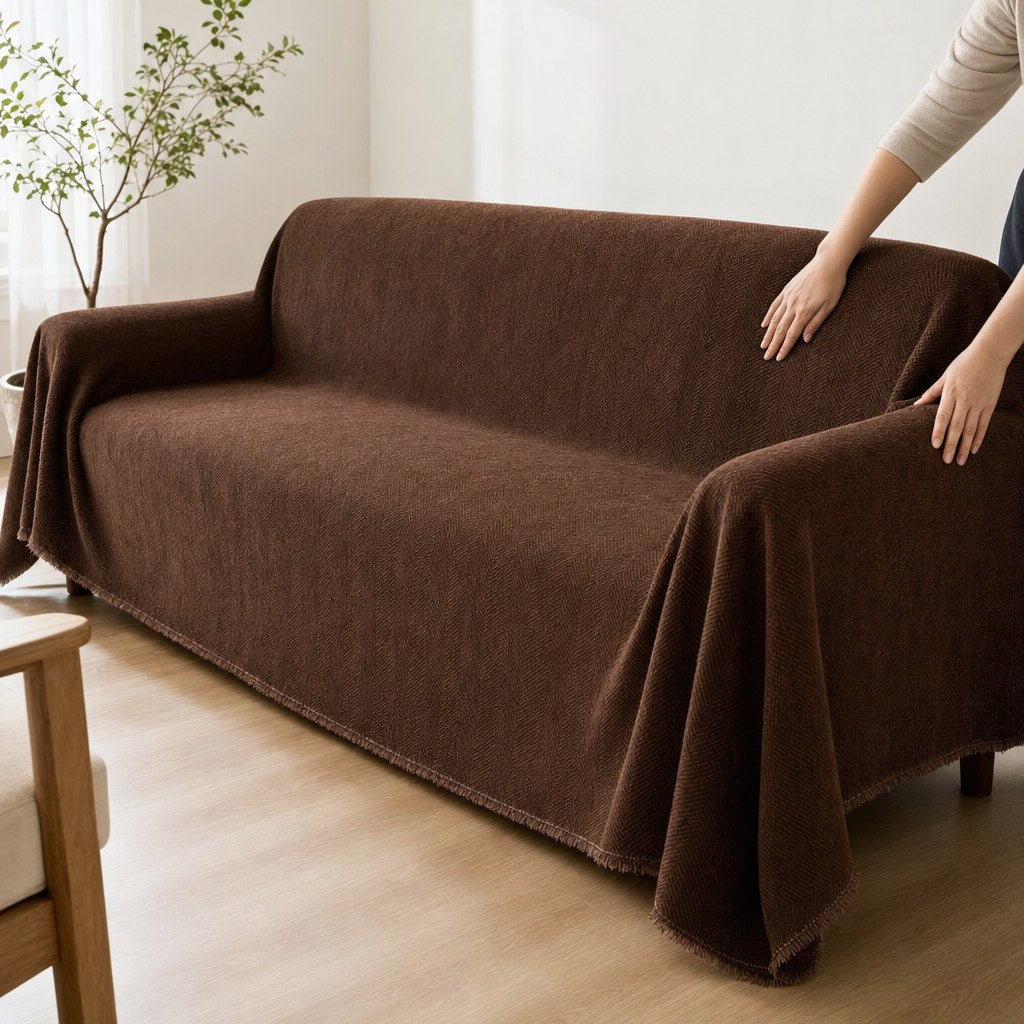 Pet-Friendly Herringbone Couch Cover · Chestnut Mocha - hands install