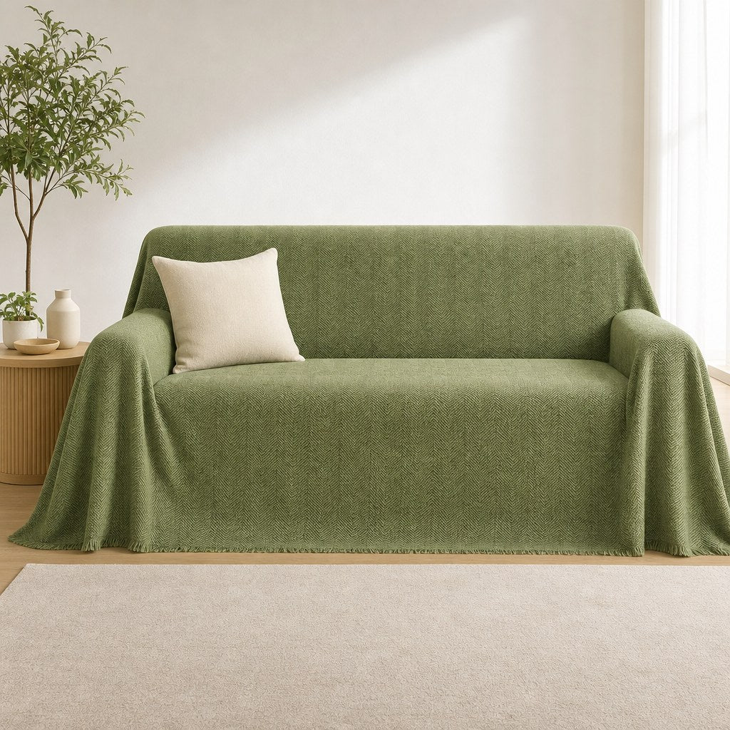 Pet-Friendly Herringbone Couch Cover · Moss Green - front