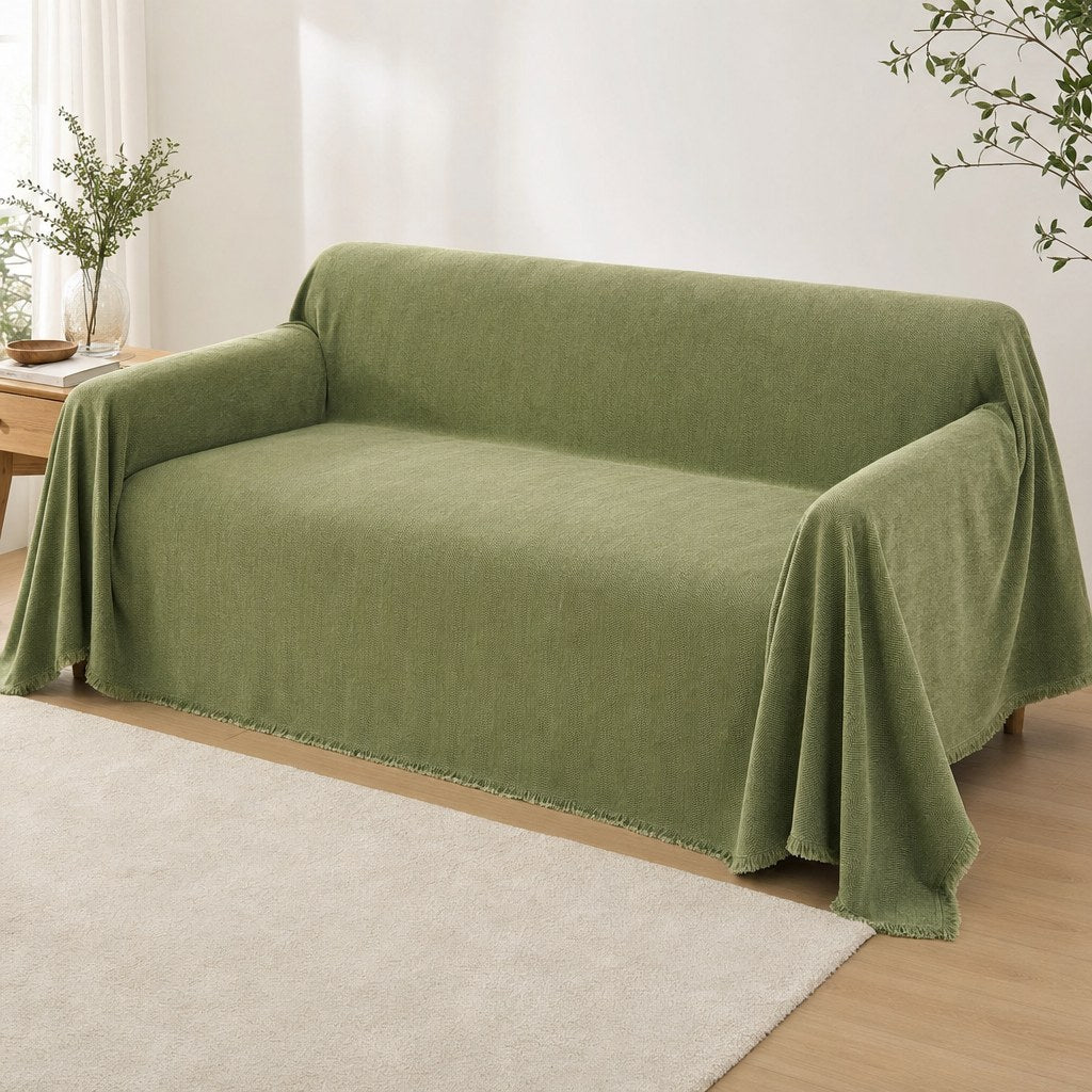 Pet-Friendly Herringbone Couch Cover · Moss Green - wide drape
