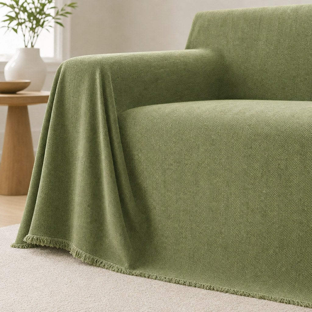 Pet-Friendly Herringbone Couch Cover · Moss Green - corner detail