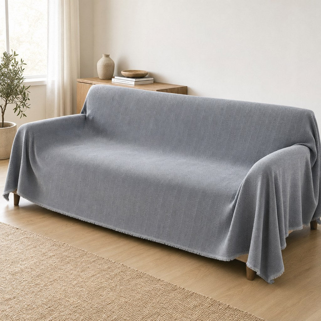 Pet-Friendly Herringbone Couch Cover · Nevada Gray - wide drape