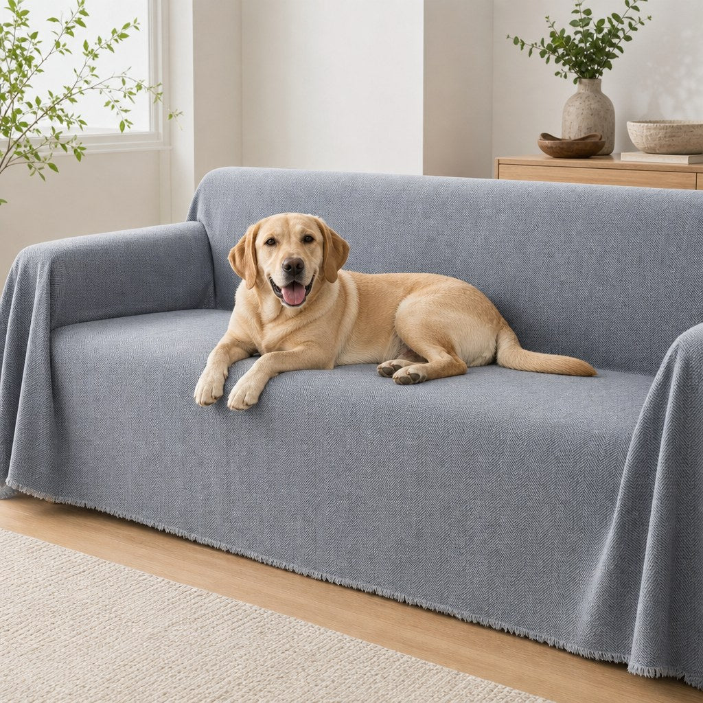 Pet-Friendly Herringbone Couch Cover · Nevada Gray - pet dog