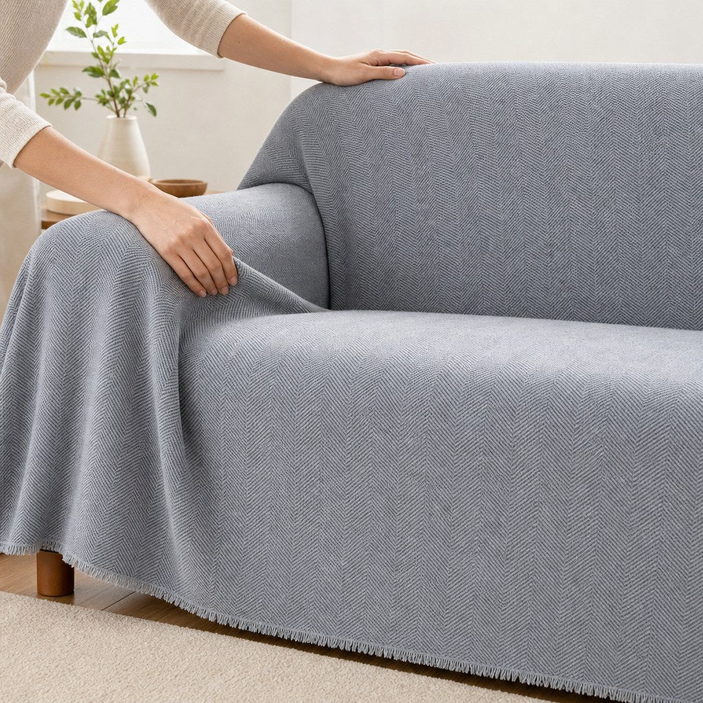 Pet-Friendly Herringbone Couch Cover · Nevada Gray - hands install