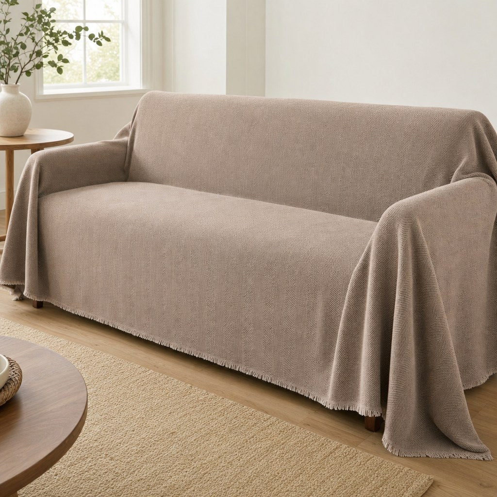 Pet-Friendly Herringbone Couch Cover · Oat Beige - wide drape