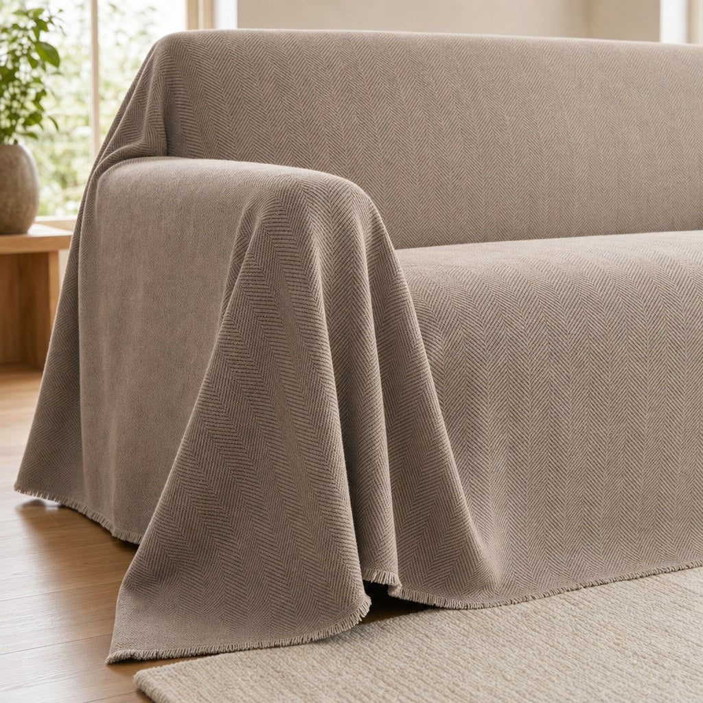 Pet-Friendly Herringbone Couch Cover · Oat Beige - corner detail