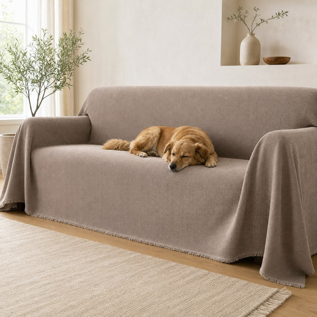Pet-Friendly Herringbone Couch Cover · Oat Beige - pet dog