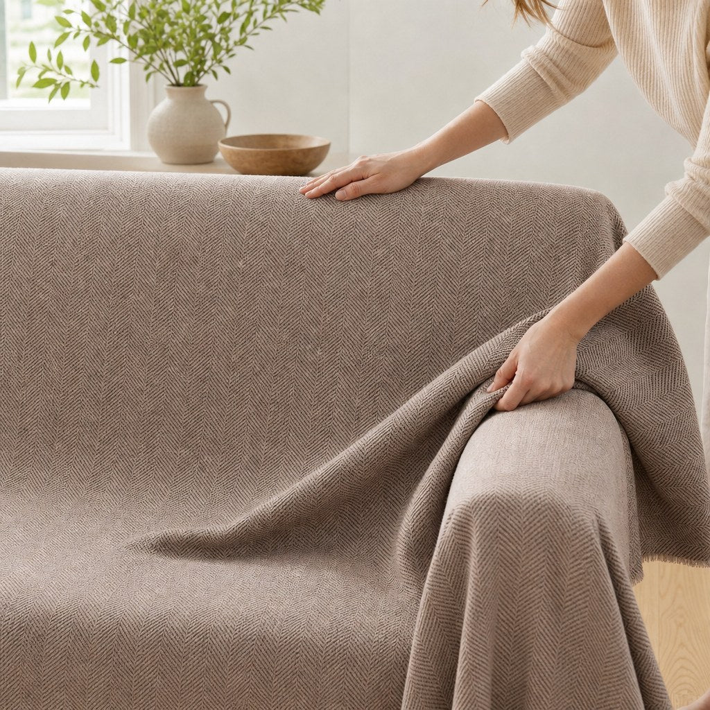 Pet-Friendly Herringbone Couch Cover · Oat Beige - hands install