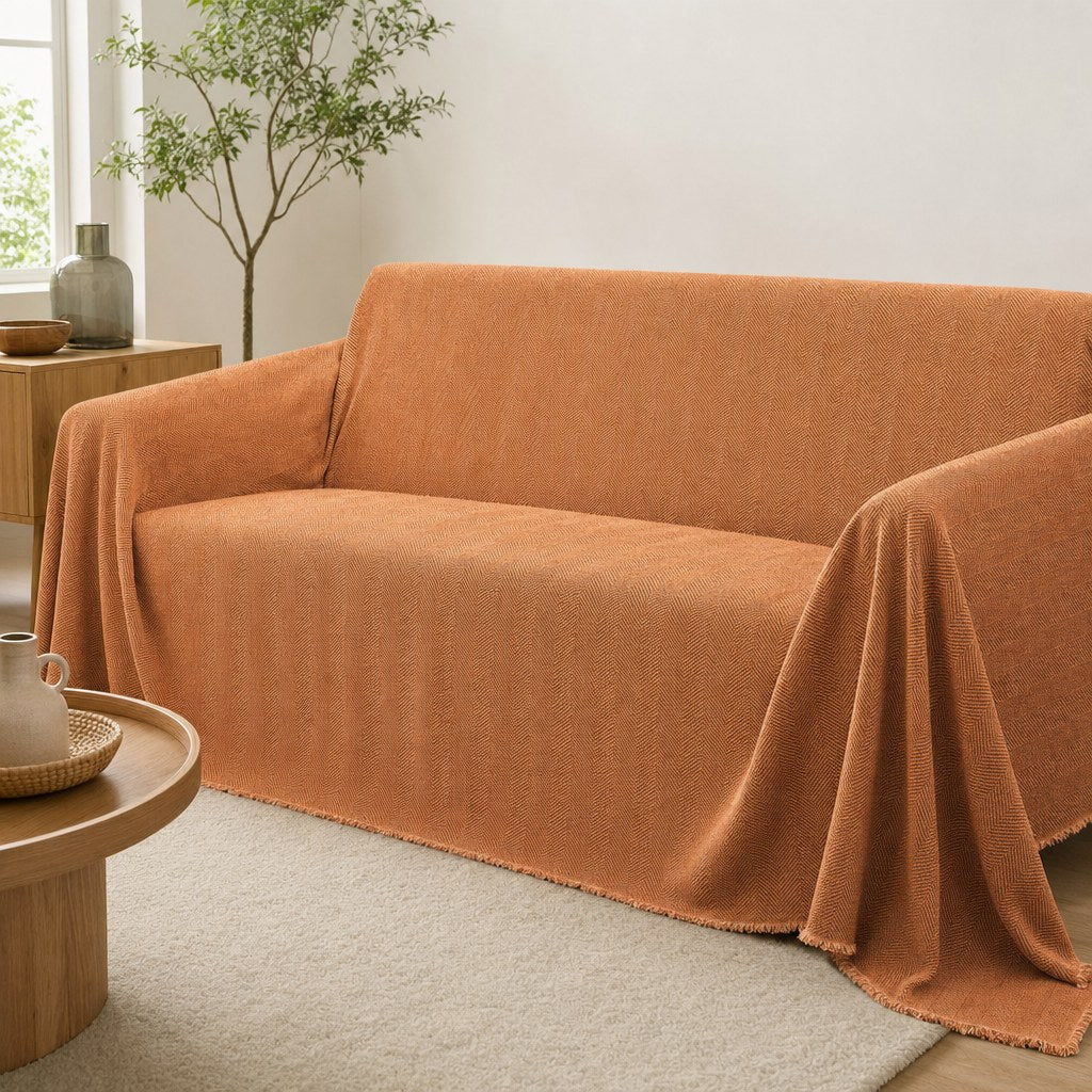 Pet-Friendly Herringbone Couch Cover · Rust Orange - wide drape