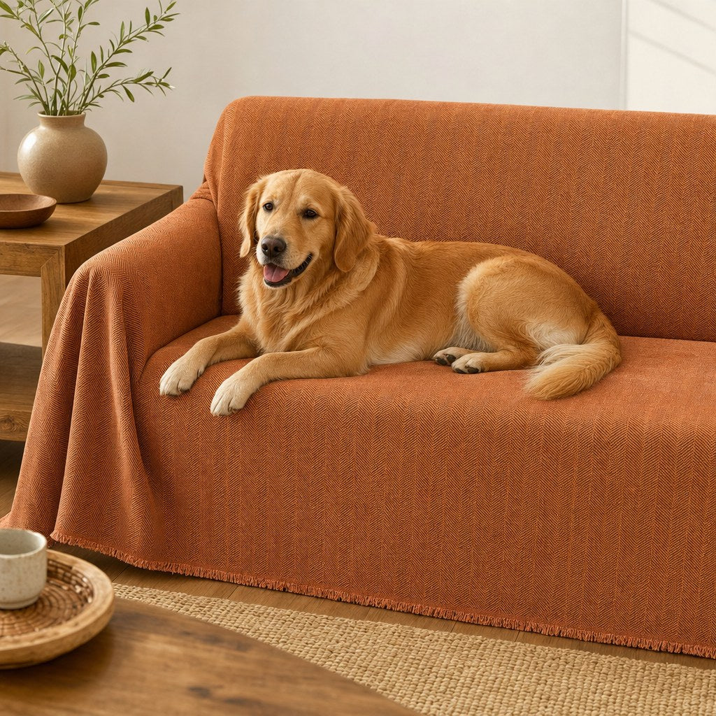 Pet-Friendly Herringbone Couch Cover · Rust Orange - pet dog