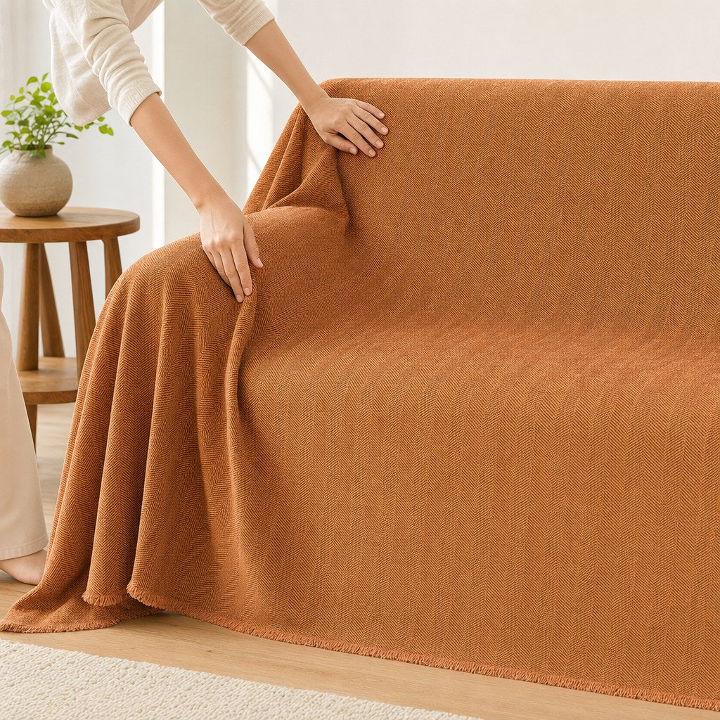 Pet-Friendly Herringbone Couch Cover · Rust Orange - hands install
