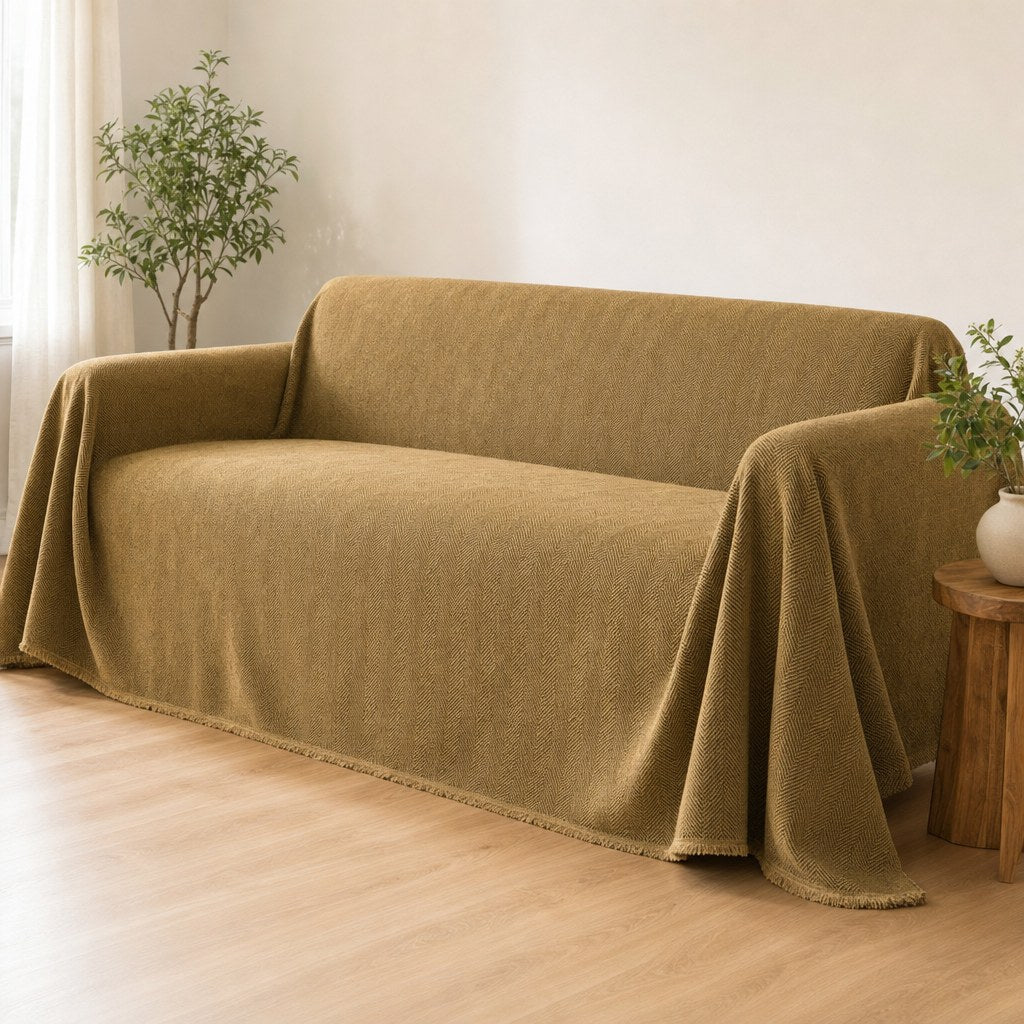 Pet-Friendly Herringbone Couch Cover · Golden Sandstone - wide drape