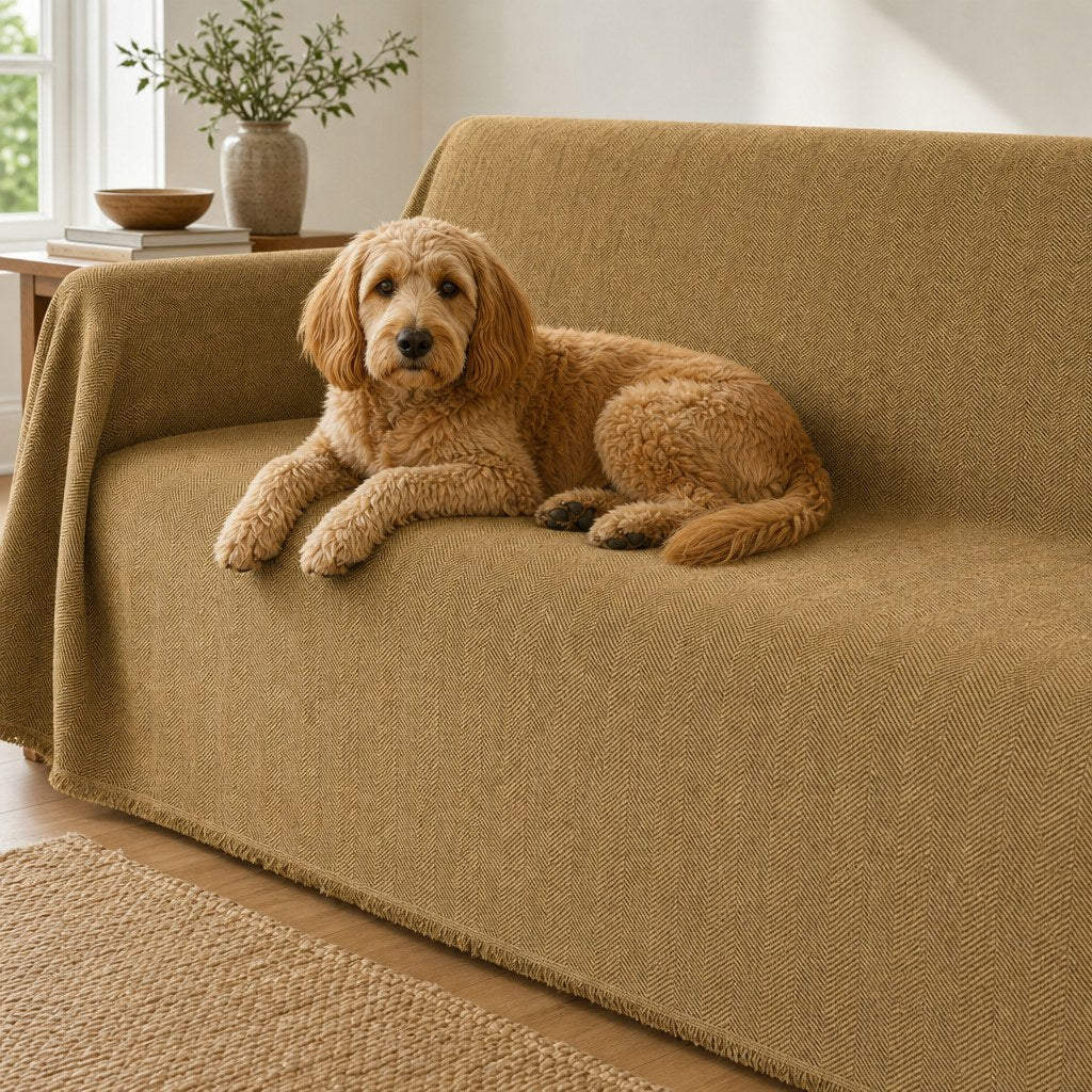Pet-Friendly Herringbone Couch Cover · Golden Sandstone - pet dog