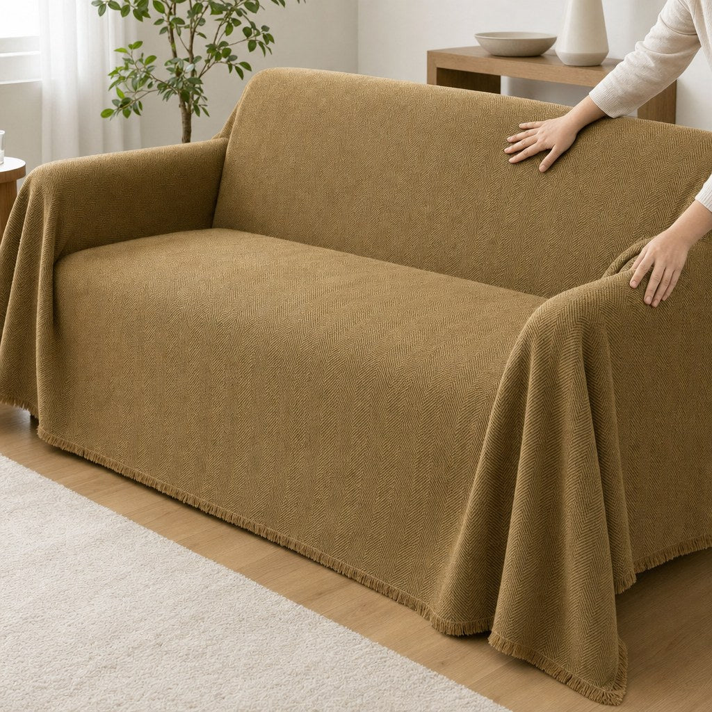 Pet-Friendly Herringbone Couch Cover · Golden Sandstone - hands install