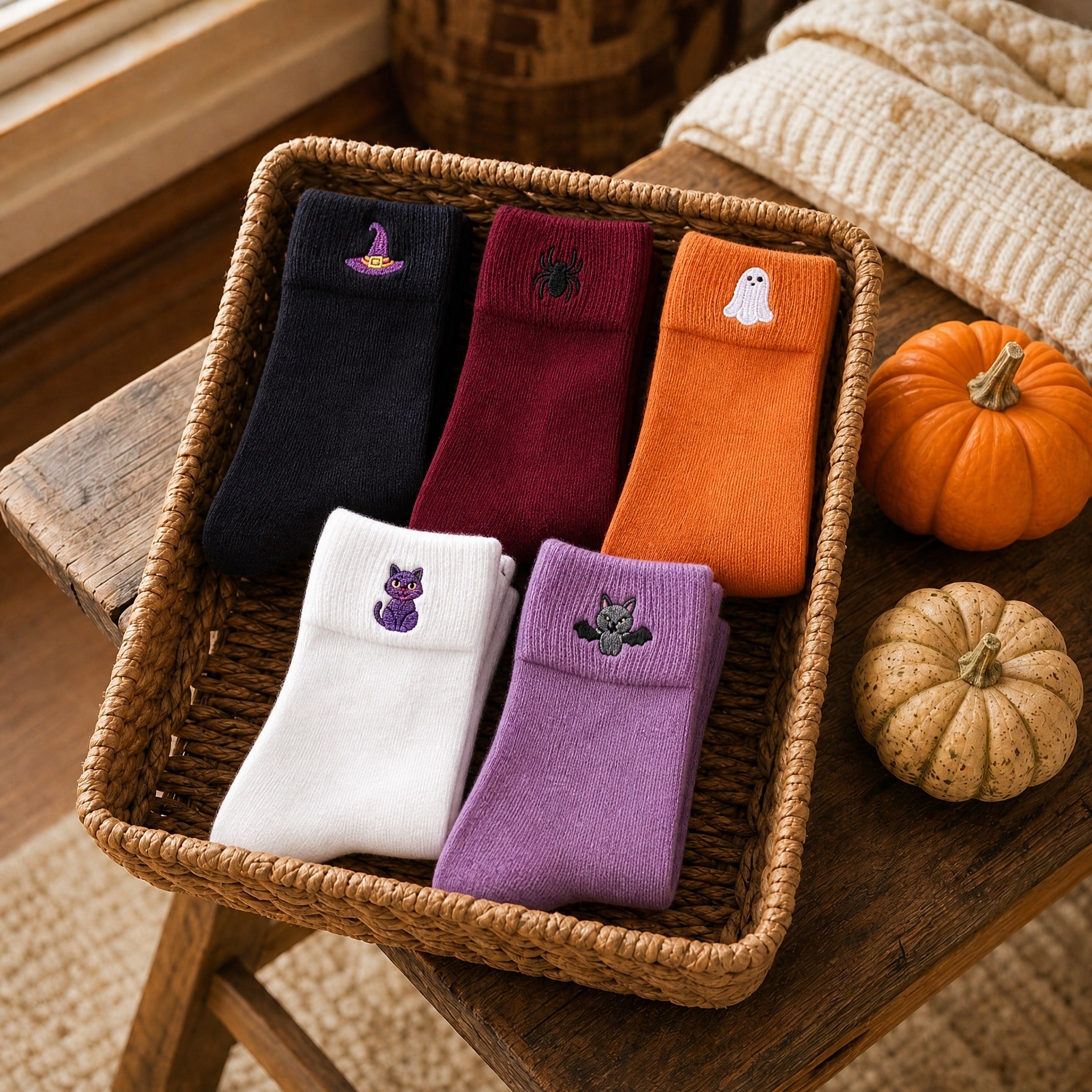 Five Halloween sock pairs in a basket