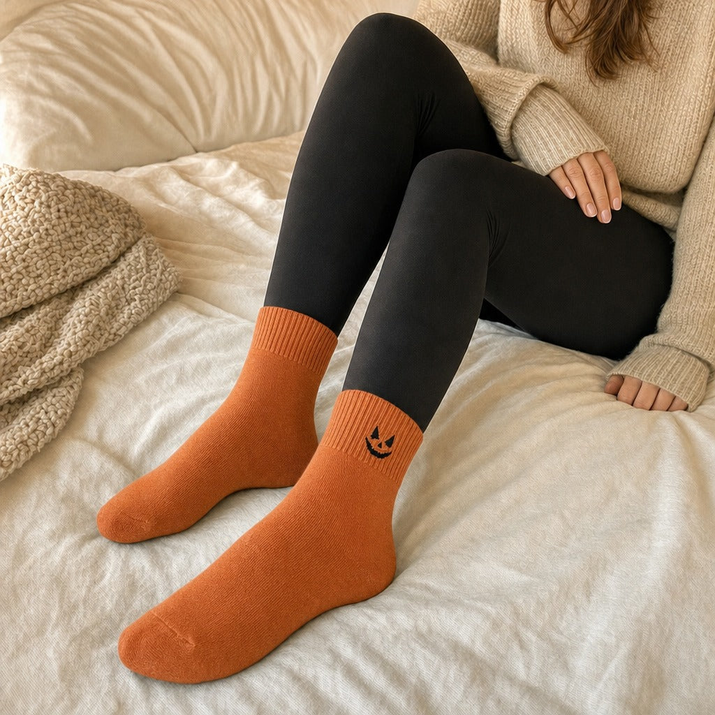 Burnt orange pumpkin Halloween socks worn on a cozy bed