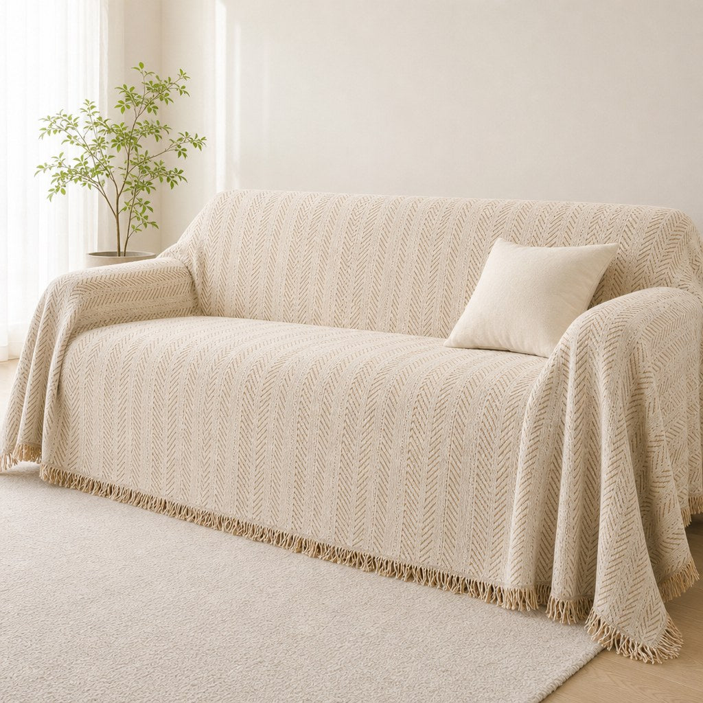 Pet-Friendly Chunky Herringbone Couch Cover - Almond Cream