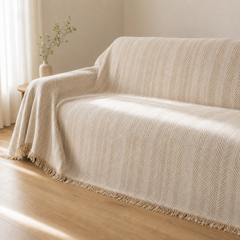 Pet-Friendly Herringbone Couch Cover · Almond Cream