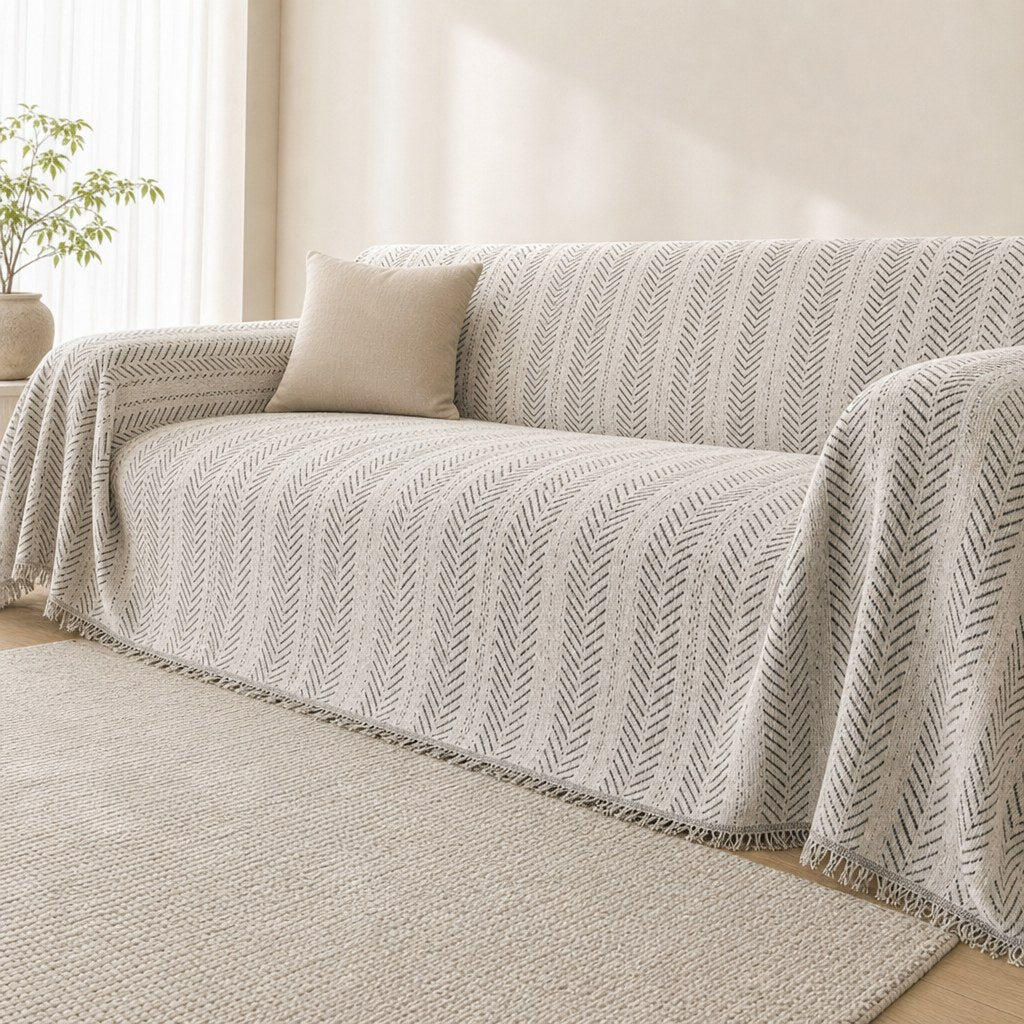 Pet-Friendly Chunky Herringbone Couch Cover - Ink Sketch