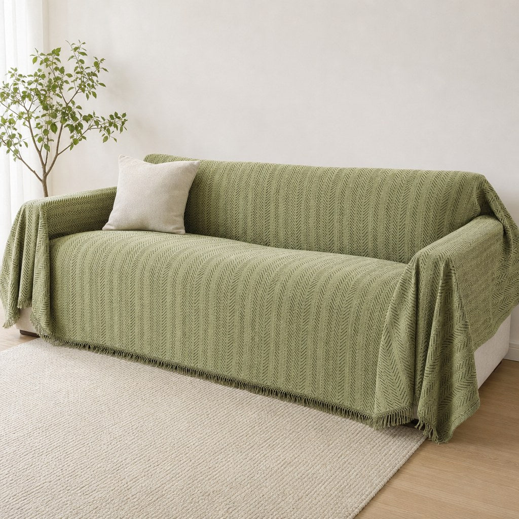 Pet-Friendly Chunky Herringbone Couch Cover - Olive Grove