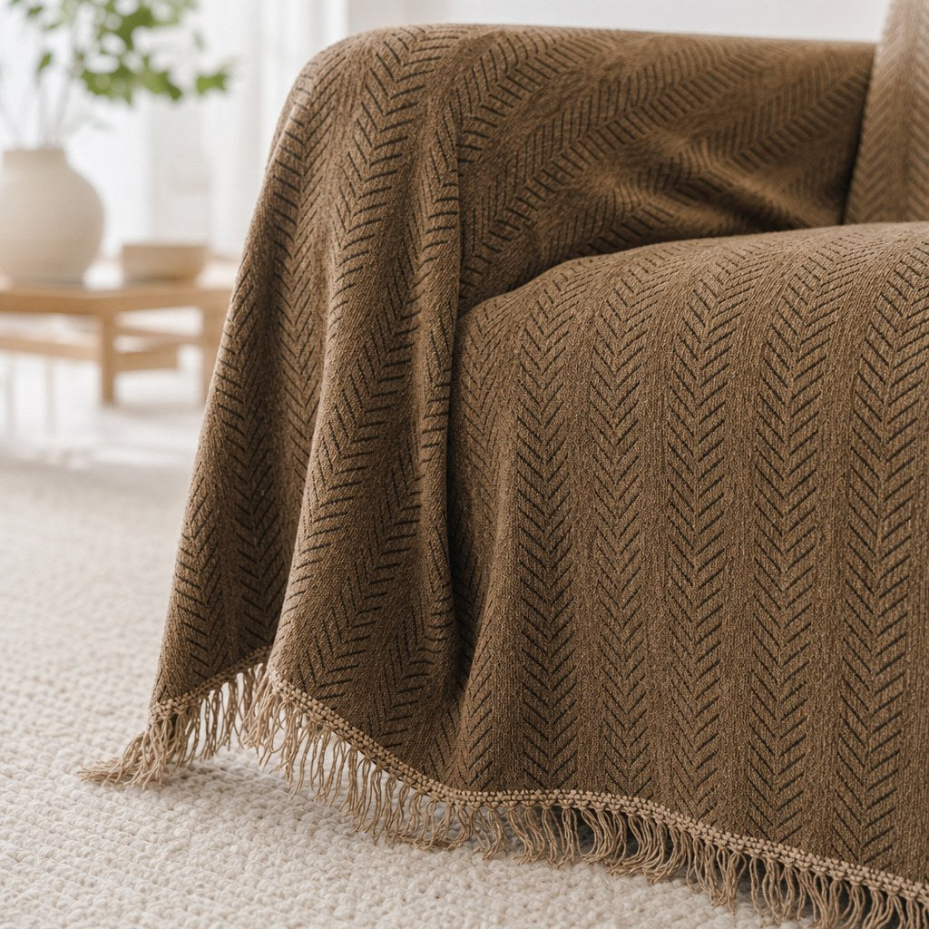 Pet-Friendly Herringbone Couch Cover · Rustwood Brown