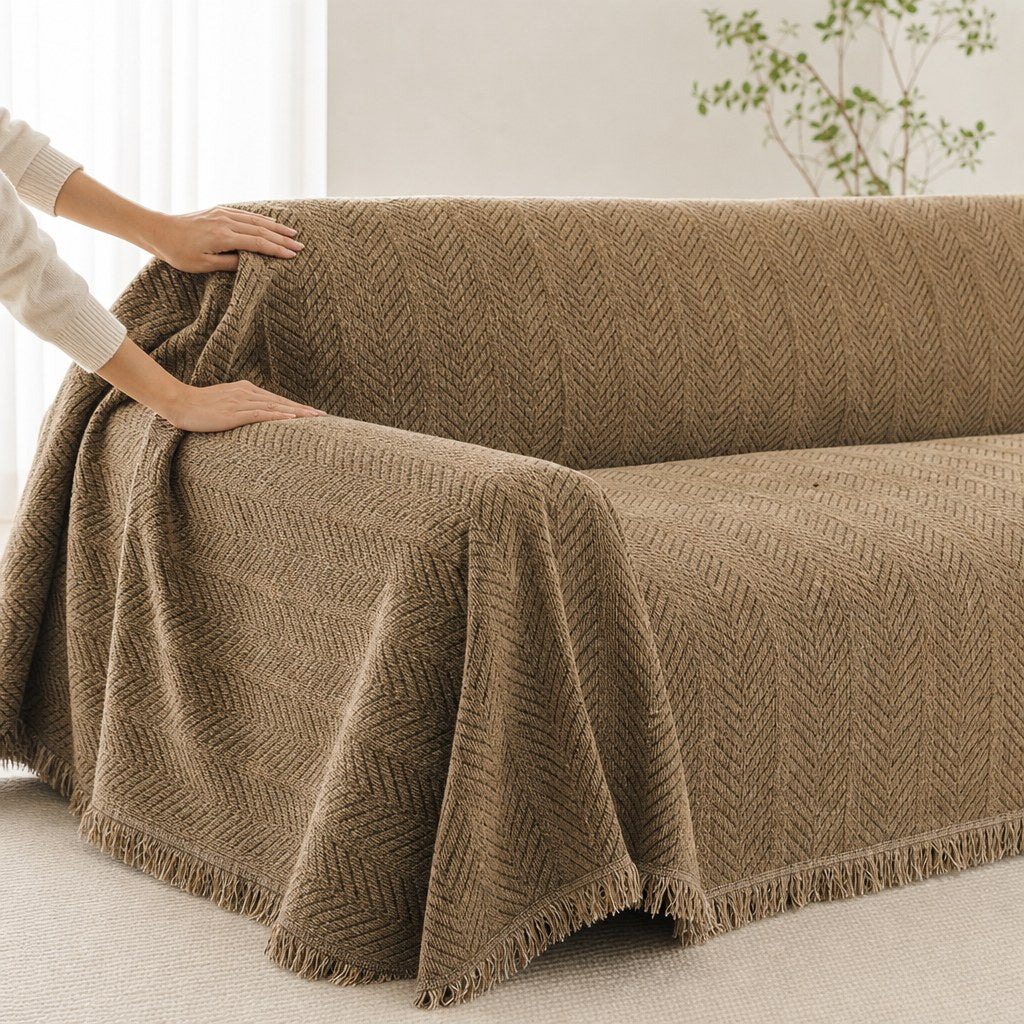 Pet-Friendly Herringbone Couch Cover · Rustwood Brown