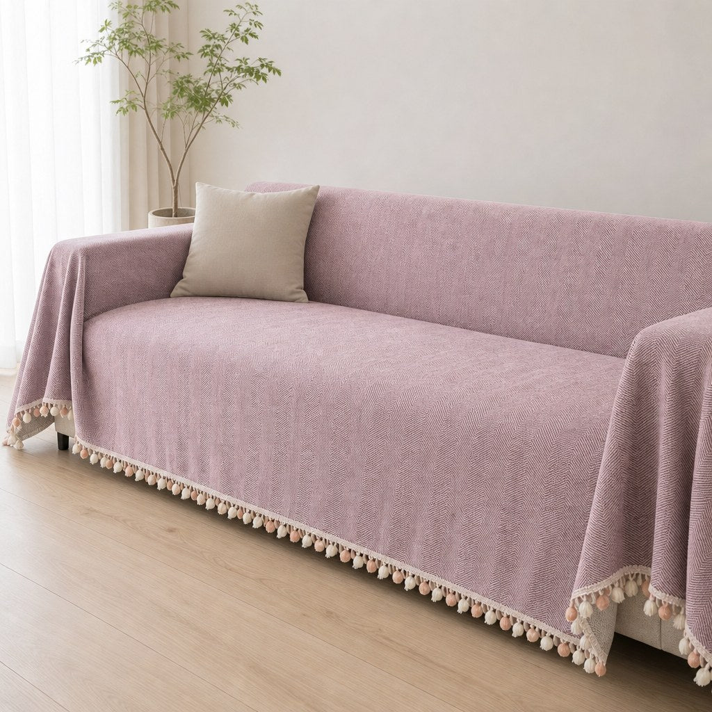 Pet-Friendly Herringbone Tassel Couch Cover · Heather Blush