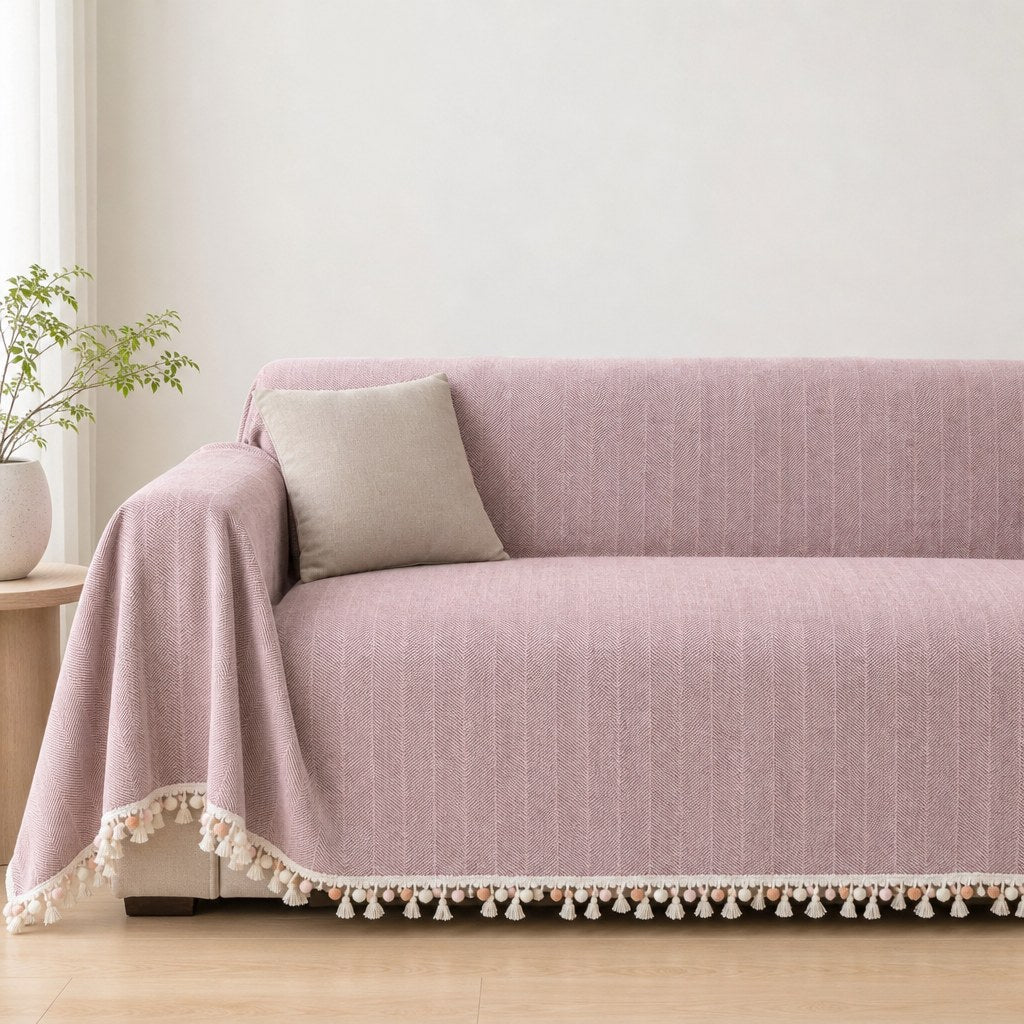 Pet-Friendly Herringbone Tassel Couch Cover · Heather Blush