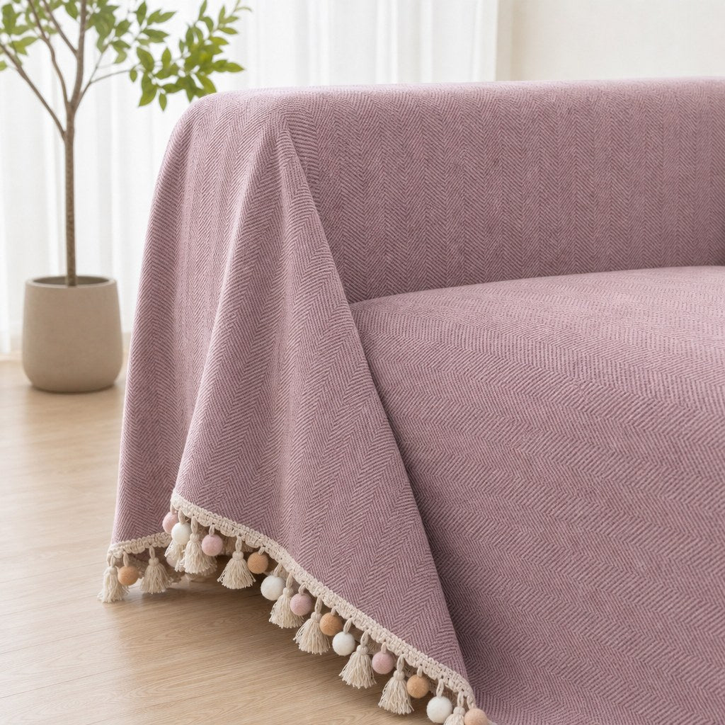 Pet-Friendly Herringbone Tassel Couch Cover · Heather Blush