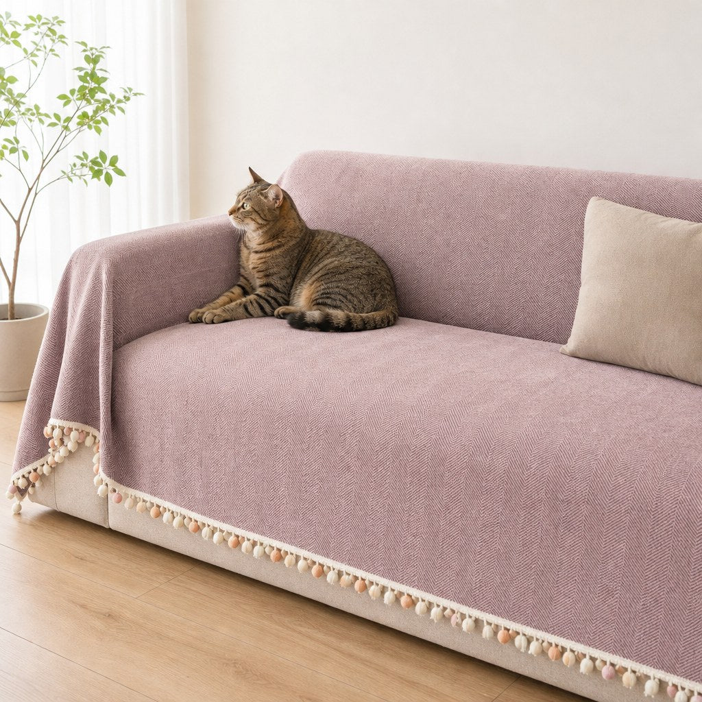 Pet-Friendly Herringbone Tassel Couch Cover · Heather Blush